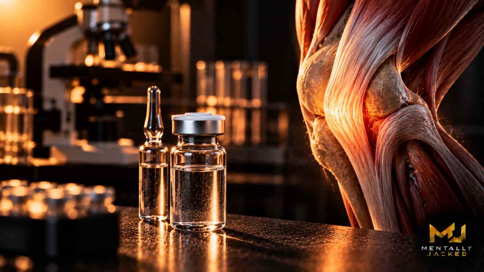 A small clear glass vial with a white stopper and silver crimp cap beside a sealed clear ampoule on a dark charcoal surface