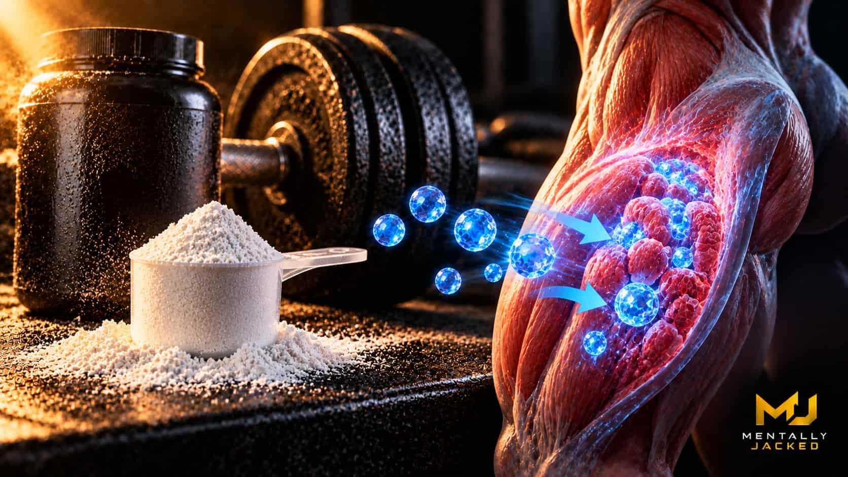 A clear glass of water beside a small mound of fine white creatine powder on a black dish with a metal measuring spoon, on a dark surface