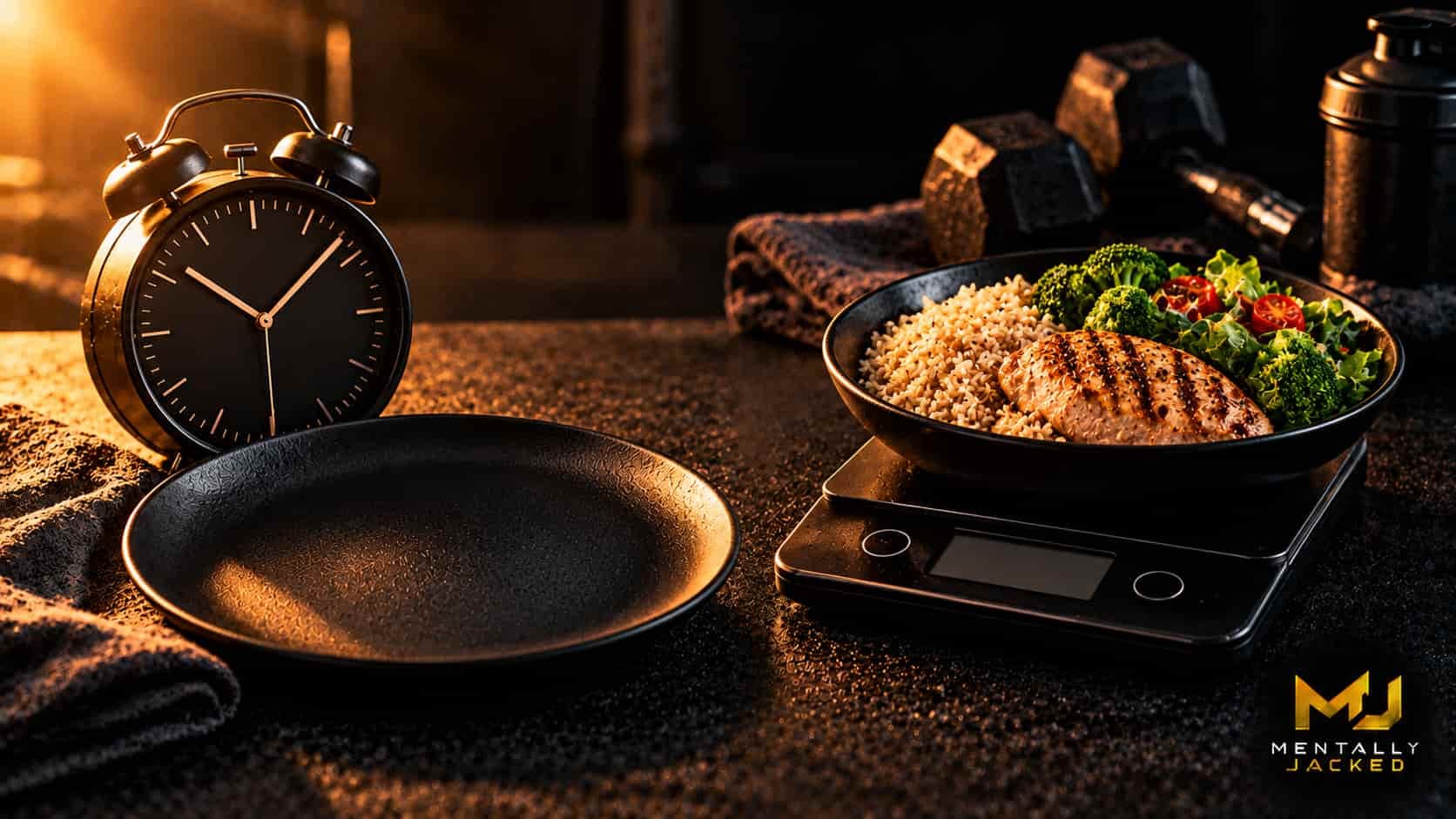 An empty matte black plate beside a plain analogue kitchen timer with a dark blank dial on a charcoal surface with a folded grey napkin
