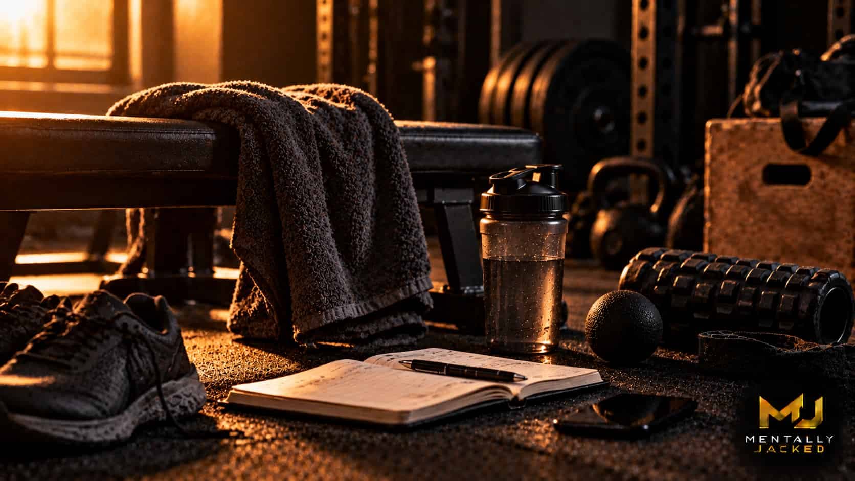 A loaded black barbell resting on dark gym flooring with a single rolled white towel beside it, under warm side lighting
