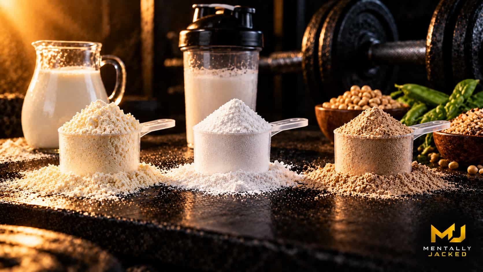 Three small heaps of protein powder side by side on a dark slate board, one off-white, one bright white, one pale beige, with metal scoops